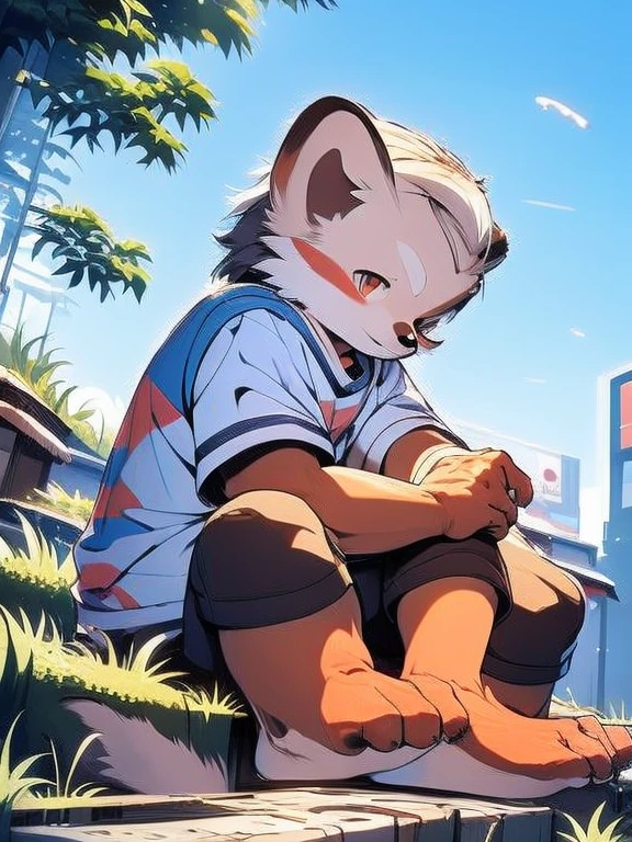 rest,Master masterpieces,high resolution,8k,Detailed background,high quality,rest,rest,(white fur,blue sclera,blue eyes,fluffy fune fur)) hairy, shattered, muscular,( horny boy,Shota) doll,fig leaves,loincloth,Blue scarf,background with(snow mountain,sunset),solo,Arctic Fox Boy,exhibit
