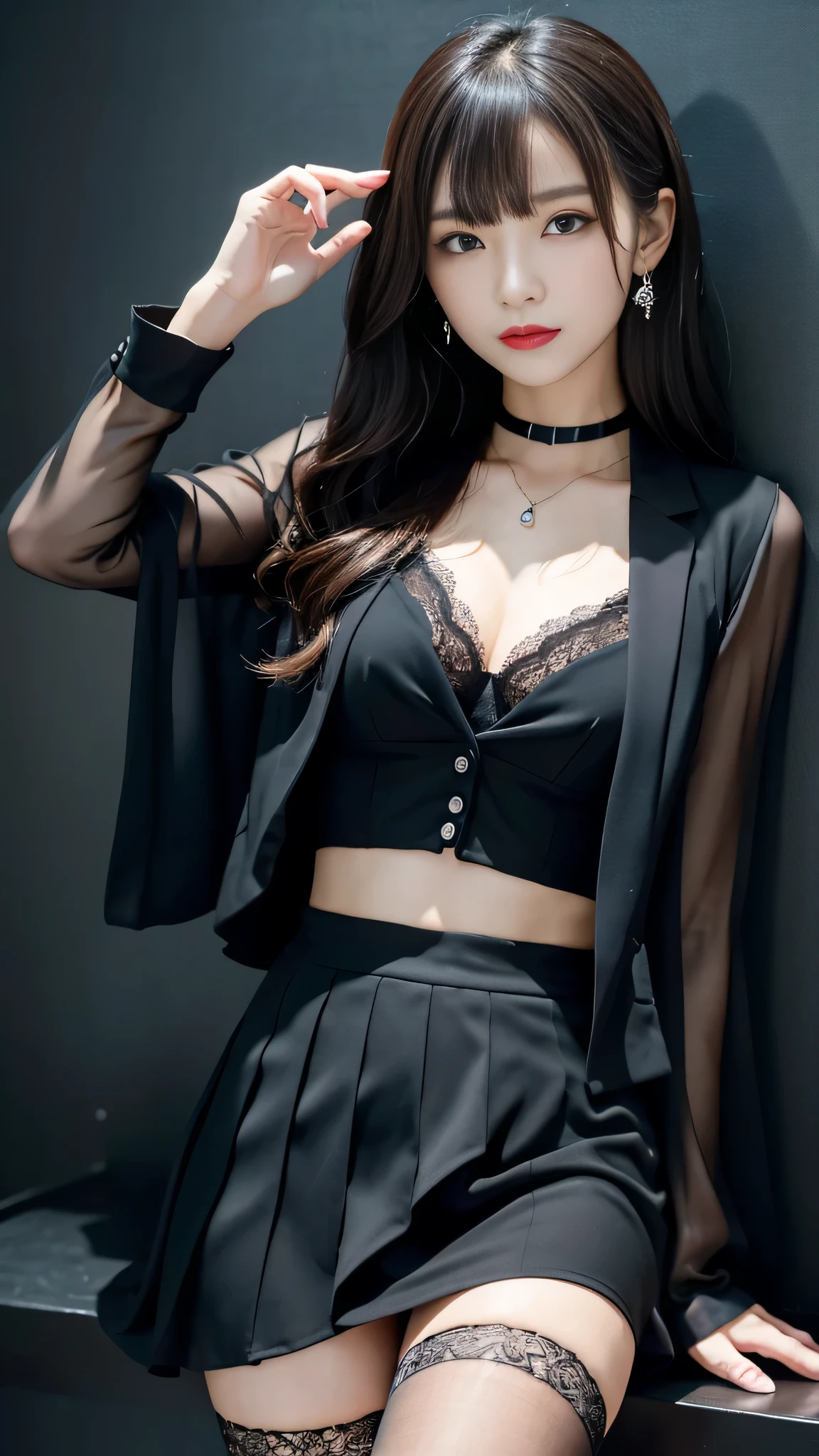Super detailed、Japanese、charming beauty、Dainty woman、sharp eyes、cool girl、wavy hair、suit、Black chiffon、lacy fabric、wide sleeve、Jacket、white blouse、flare skirt、pantyhose、Shiny legs、evilの幹部、evil depravity、brainwashing、Mind control、lipstick、have lip gloss、grin、邪evilなな表情、evil、empty eyes、邪evilな、in the black room、seductive pose