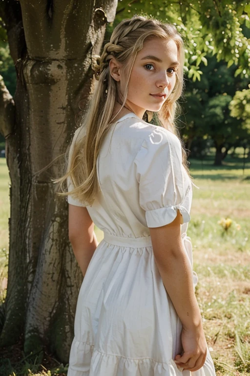 cute farmers daughter with dress and blond hair. she has a Princess Twists hairstyle. 18 years old. she stands under a tree. her hands are behind her back. small nose. light freckless