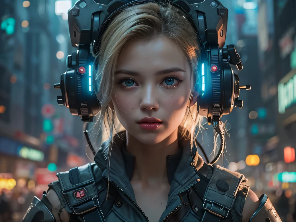 best quality, realistic, photorealistic, award-winning illustration, (intricate details:1.2), (delicate detailed), (intricate details), (cinematic light, best quality Backlights), clear line, sharp focus, official art, unity 8k wallpaper, absurdres, incredibly absurdres, huge filesize, ultra- (in_main_street:1.21), (neon lamp),fantasy art, rtx,((award winning studio closeup photo of a triangle)), 1girl,Incredibly beautiful,(closed mouth),small breasts,((Cyberpunk city Street, Battle Maiden,Katana, robot arm)),beautiful detailed eyes,Perfect Face,(Cyberpunk blouse, leather jacket, Martin boots),(headphones_around_neck),(headphones_around_hair),((pleated skirt)), ((Supermodel Pose)),