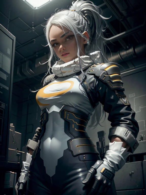 ((highest quality)), ((masterpiece)), (very detailed:1.3), 3D, beautiful (cyber punk:1.3) Female Hacker, mohican hairstyle, Back to Viewer, dark hair, operating computer terminals, head mounted display, computer server, LCD Screen, fiber optic cable, company logo, HDR (high dynamic range), ray tracing, NVIDIA RTX, super resolution, unreal 5, Scattered beneath the surface, PBR texture, Post-processing, anisotropic filtering, Depth of bounds written, maximum sharpness and sharpness, multilayer texture, Albedo map and highlight map, surface shading, Accurate simulation of light-matter interactions, perfect ratio, octane rendering, duotone lighting, Low ISO, White balance, Rule of thirds, wide aperture, 8K students, efficient subpixel, subpixel convolution, luminescent particles, dynamic pose
