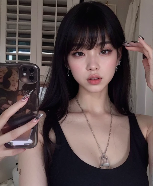 Araffe Asian woman with long black hair and a black blouse holding a cell phone, cruel korean goth girl, Ulzzang, goth girl aesthetic, ela tem cabelo preto com franja, maquiagem sul-coreana popular, fotografia selfie 8k, com cabelos longos e olhos penetrantes, maquiagem coreana popular, 1 7 Year Old Goth Anime Girl, 🤤 retrato de