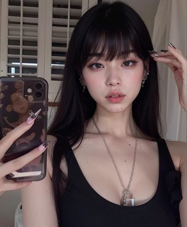 Araffe Asian woman with long black hair and a black blouse holding a cell phone, cruel korean goth girl, Ulzzang, goth girl aesthetic, ela tem cabelo preto com franja, maquiagem sul-coreana popular, fotografia selfie 8k, com cabelos longos e olhos penetrantes, maquiagem coreana popular, 1 7 Year Old Goth Anime Girl, 🤤 retrato de 