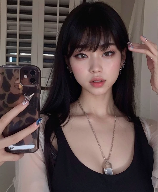 Araffe Asian woman with long black hair and a black blouse holding a cell phone, cruel korean goth girl, Ulzzang, goth girl aesthetic, ela tem cabelo preto com franja, maquiagem sul-coreana popular, fotografia selfie 8k, com cabelos longos e olhos penetrantes, maquiagem coreana popular, 1 7 Year Old Goth Anime Girl, 🤤 retrato de