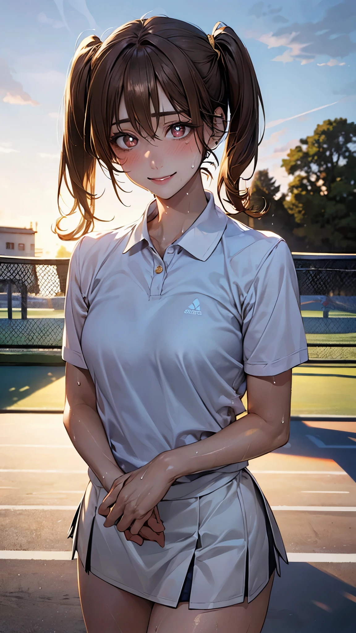 1girl, solo, white polo shirt, tennis wear, white miniskirt, white sneakers, 
masterpiece, best quality, realistic, hyper-detailed, absurd, looking at viewer, 
short black hair, brown eyes, detailed eyes, sharp pupils, realistic pupils, (tiny breasts), (thick thighs:1.0), outdoor, sky
slender, dynamic lighting, high resolution, sharp focus, depth of field, (lustrous skin,weaty:1.4), thin to transparent, see-through,