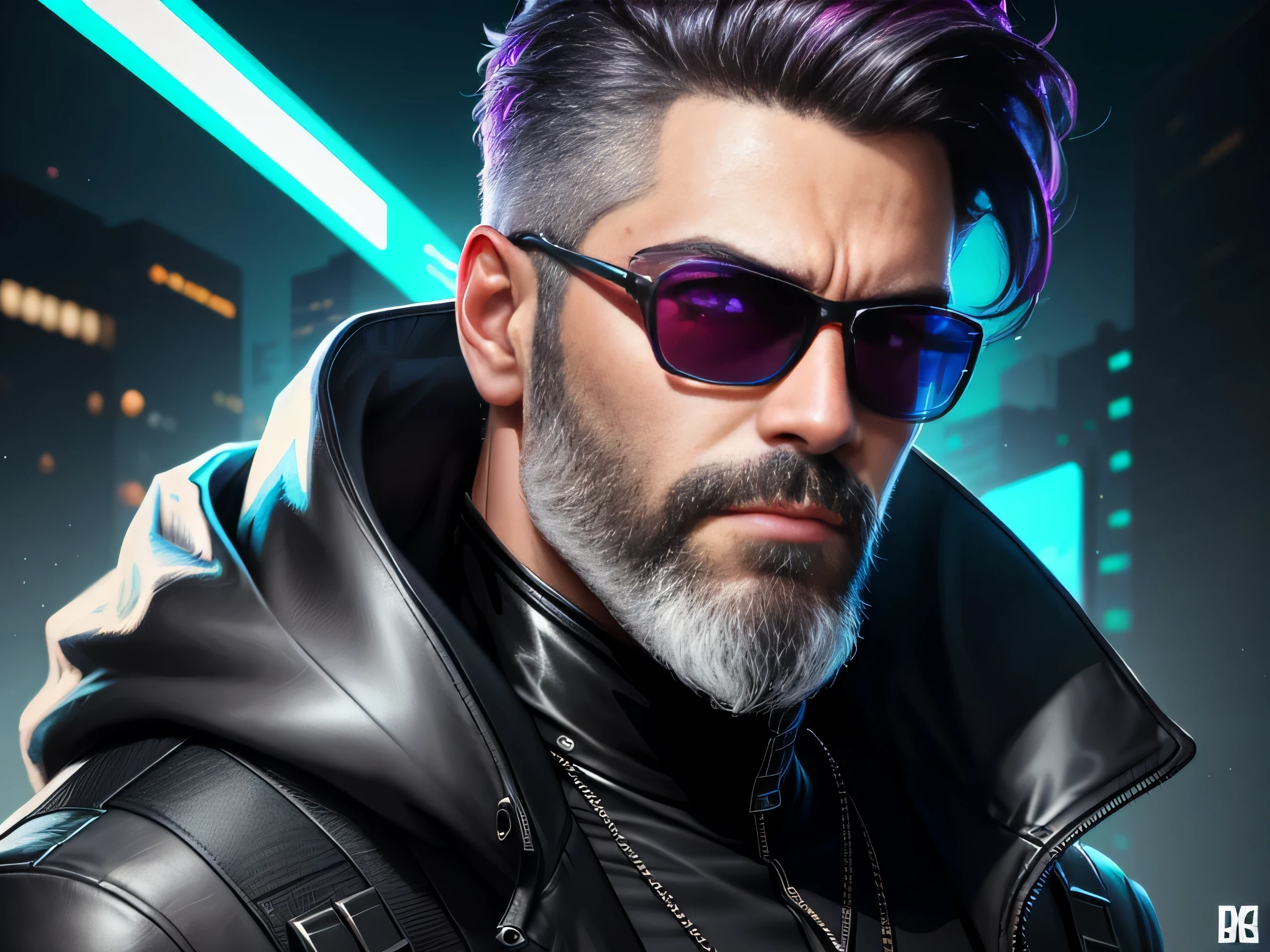 A stunning trendy themed gradient cyberpunk portrait of a man wearing sunglasses, short dark hair, grey beard, particularly rich in color detail, very detailed, cool tones, no watermark signature, transcendent stylized twitch streamers filling the entire picture.