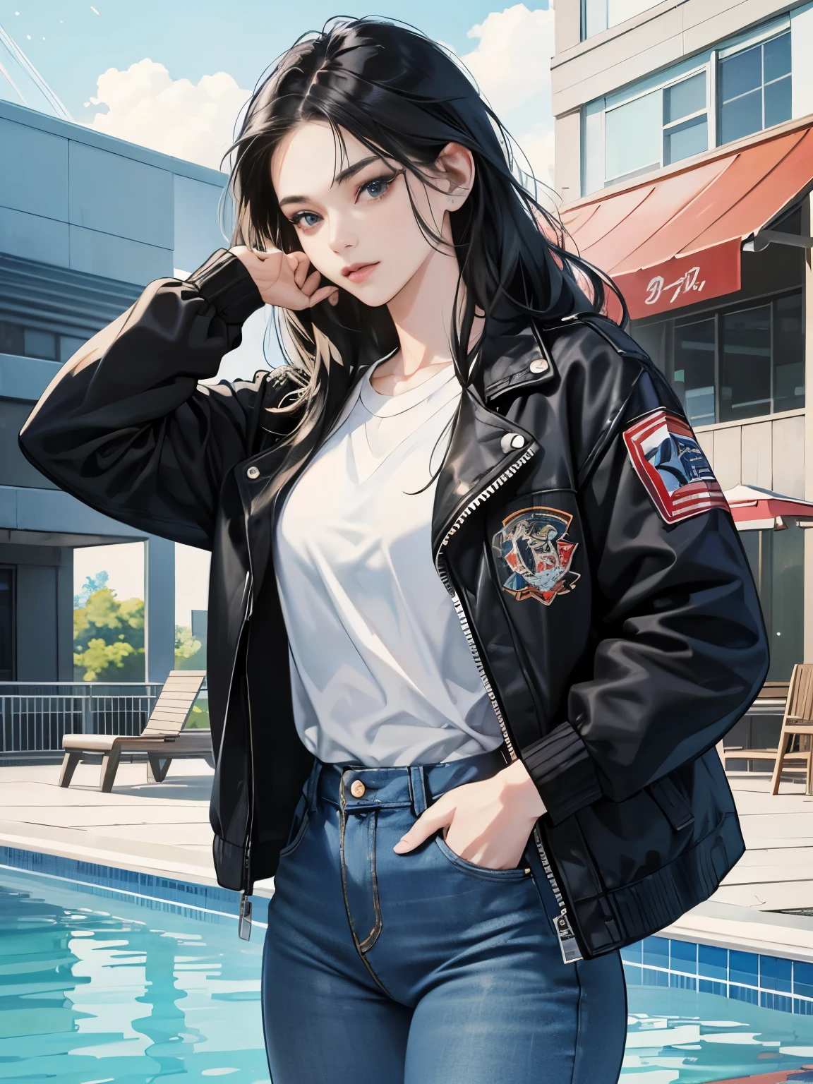 very colorful, pop feel, in.s. west coast, summer image, Poolside, summer cocktail, Anime woman with long black hair, Around 25 years old, wearing a jacket, blue jeans, perfect tall model body, cool beauty, it will happen, Anime drawing by Yang J, Trending at Art station, realism, extremely detailed The germ of art, Realistic anime 3D style, anime style 4 k, モデルまin | The germ of art, anime style. 8K, casual clothes, realistic anime art style, style The germ of art, sharp outline, highest quality, perfect angle, perfect composition, best shot, official art，CD jacket, 80s city pop, very stylish