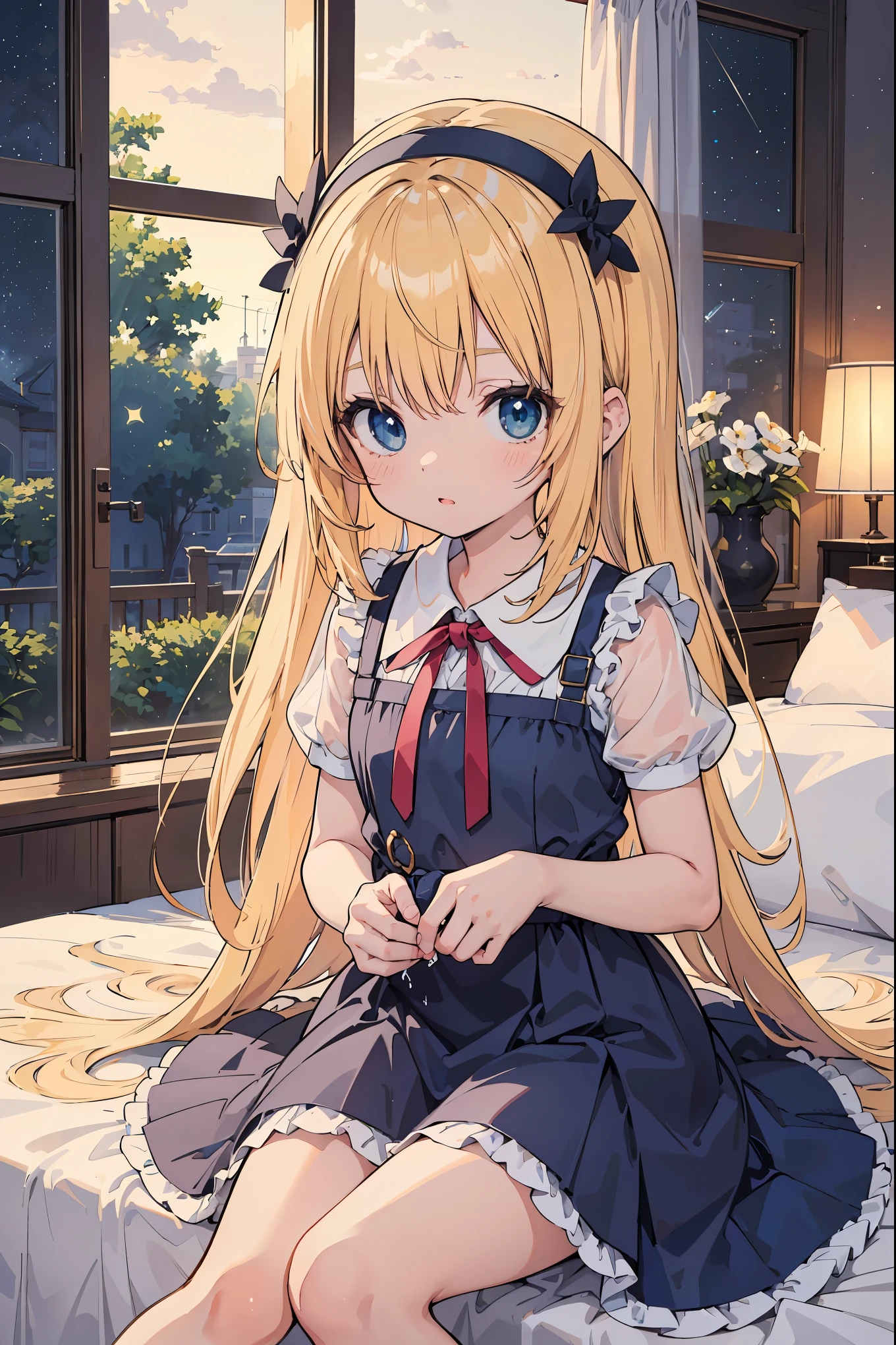 Highly detailed CG integrated 8k wallpaper、very fine 8KCG wallpaper、absurd、、highest quality、super detailed、beautiful face、Anime girl sitting on bed in blue dress and white shirt, splash art anime loli, long hair blonde anime girl, anime style like fate, Anime visuals of cute girls, Cute anime wife in a nice dress,  in a dress, anime best girl, Small curves , anime moe art style、The stars are full of twinkles