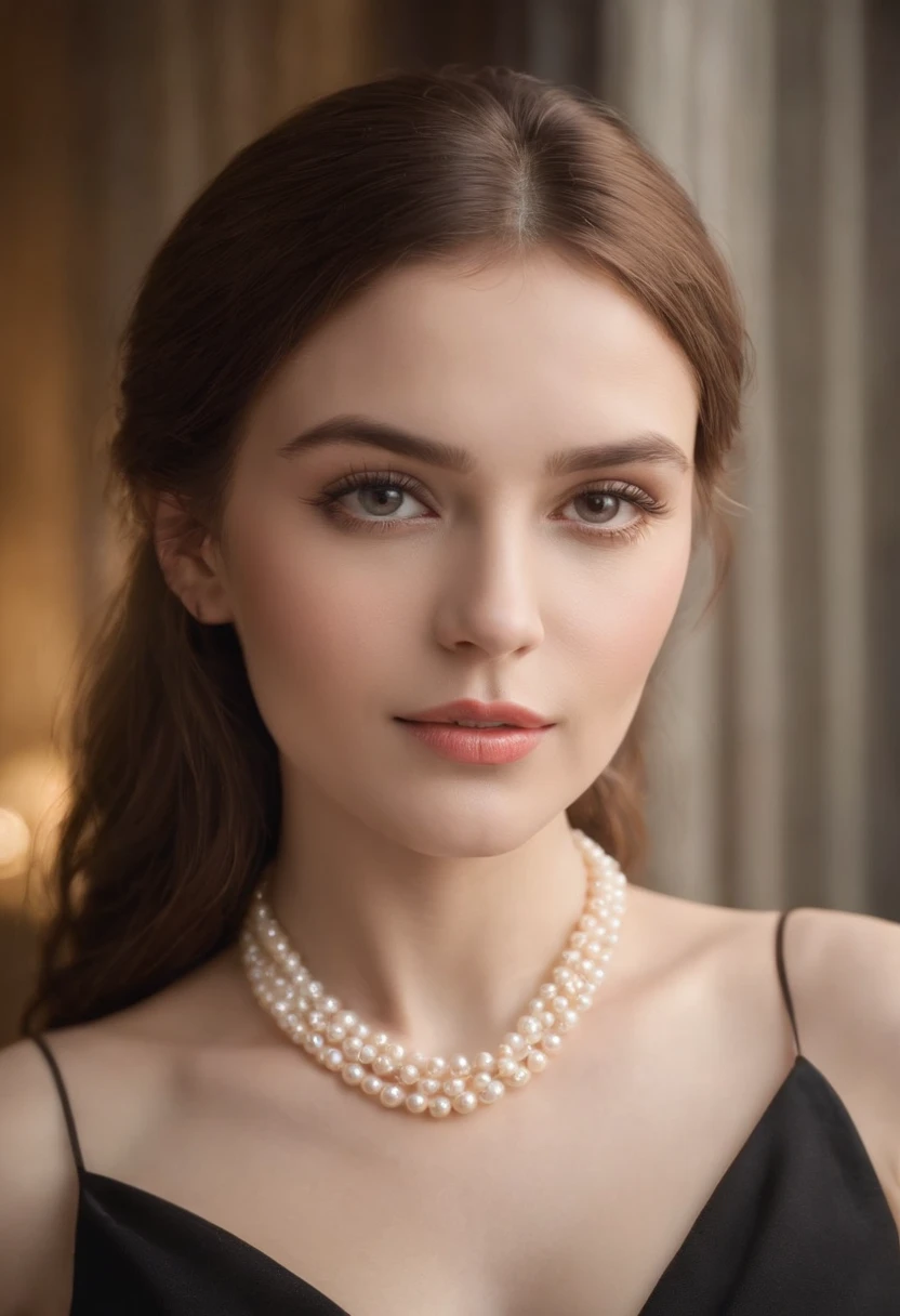 The sexiest beautiful beauty in the world,ellegance，pearls necklace，black color dress, Cinematic texture, Best quality, Movie poster, Soft lighting, Warm colors,