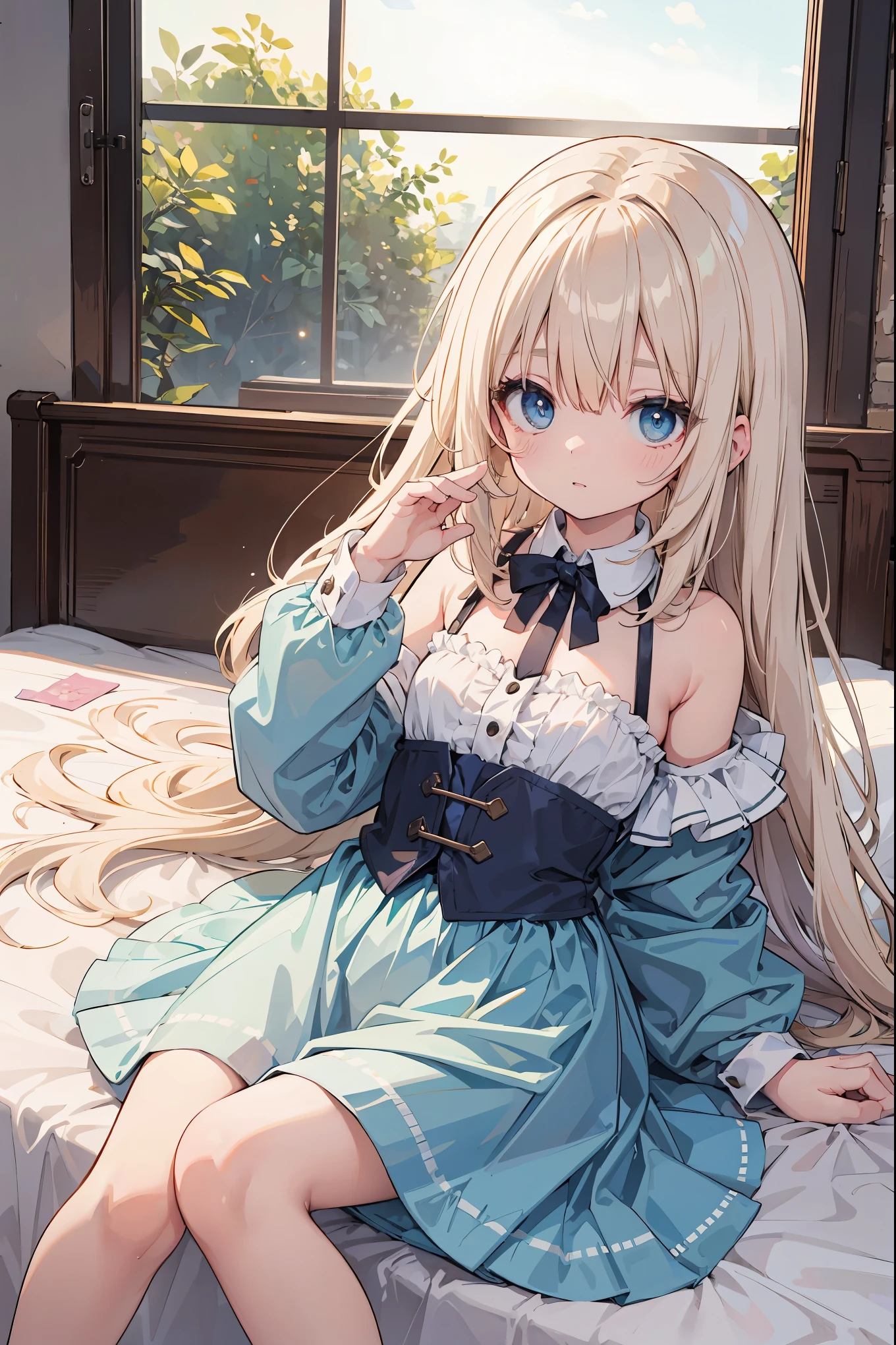 1 girl、laughter、light blue dress、white apron、blonde hair、ribbon、clock、wonderland、（small breasts）、movement、(パンティを膝までさげる,NSFW),