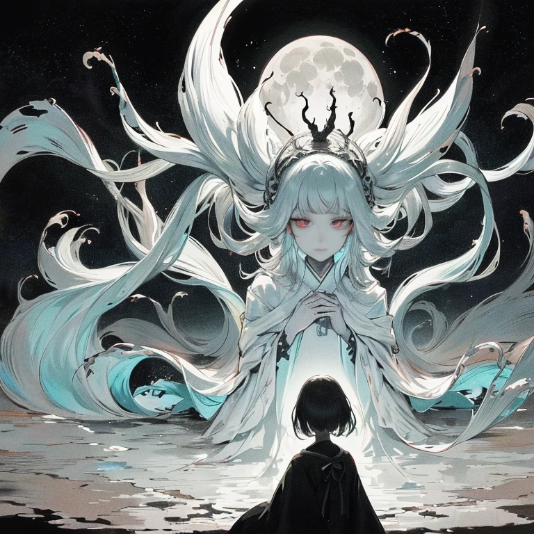 (1 girl:1.2), clad in a pristine Hime cut, adorned with traditional Japanese colors, stared alone into the vast expanse of a moonlit night. The solitude of her surroundings was accentuated by the stillness of her calm, soft smile. Her red eyes, glowing in the darkness, conveyed a sense of unspoken longing and envy, reminiscent of an Apparition from a Lovecraftian tale. The scene was captured in a classic, Joe Fenton style, boasting a deadpan, high-contrast black and white aesthetic. The moon loomed large and gnawling in the background, a silent observer to the girl's