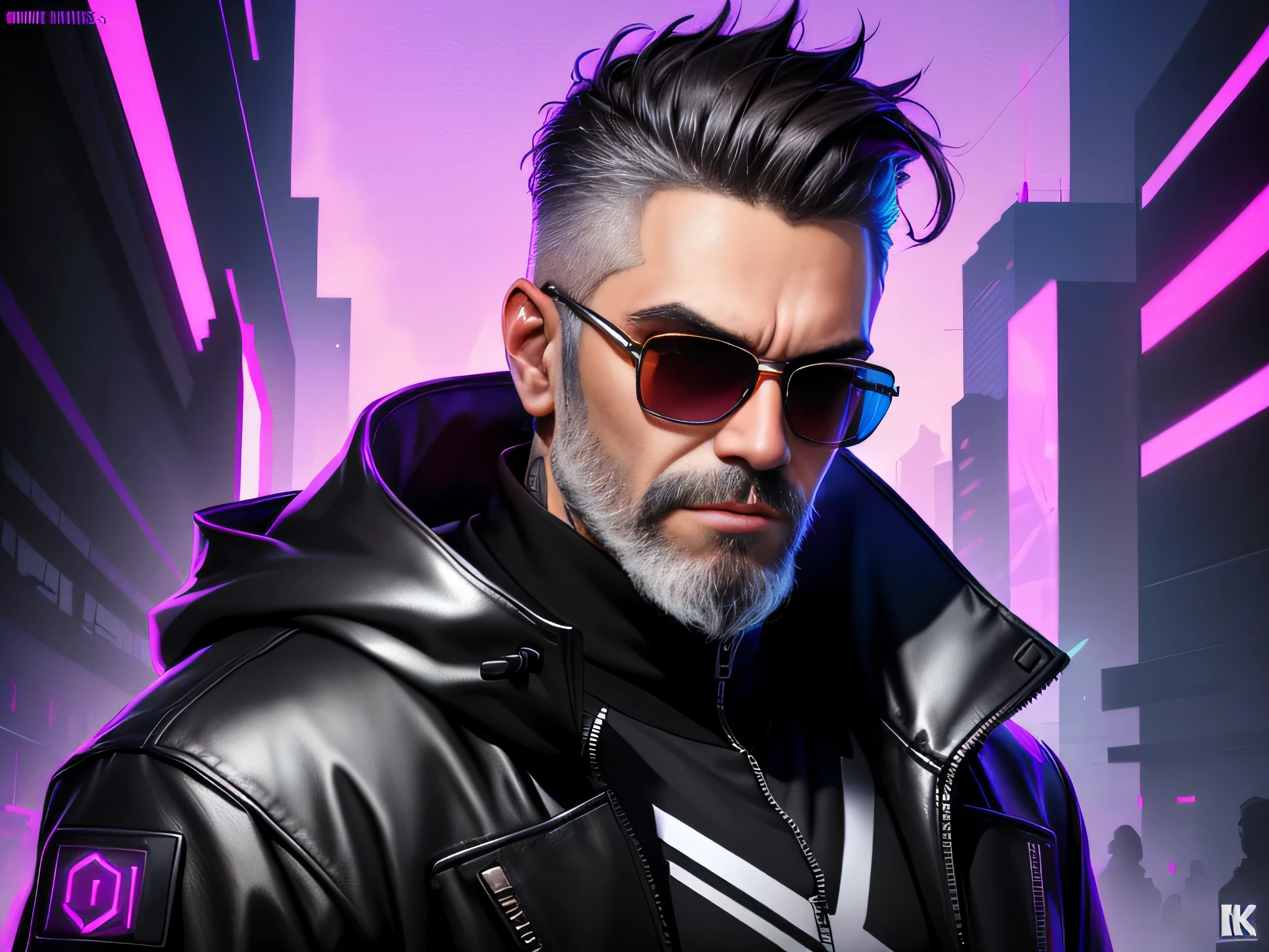 A stunning trendy themed gradient cyberpunk portrait of a man wearing sunglasses, short dark hair, grey beard, particularly rich in color detail, very detailed, cool tones, no watermark signature, transcendent stylized twitch streamers filling the entire picture.