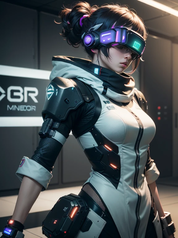((highest quality)), ((masterpiece)), (very detailed:1.3), 3D, beautiful (cyber punk:1.3) Female Hacker, mohican hairstyle, Back to Viewer, dark hair, operating computer terminals, (head mounted display):1.5, computer server, LCD Screen, fiber optic cable, company logo, HDR (high dynamic range), ray tracing, NVIDIA RTX, super resolution, unreal 5, Scattered beneath the surface, PBR texture, Post-processing, anisotropic filtering, Depth of bounds written, maximum sharpness and sharpness, multilayer texture, Albedo map and highlight map, surface shading, Accurate simulation of light-matter interactions, perfect ratio, octane rendering, duotone lighting, Low ISO, White balance, Rule of thirds, wide aperture, 8K students, efficient subpixel, subpixel convolution, luminescent particles, dynamic pose