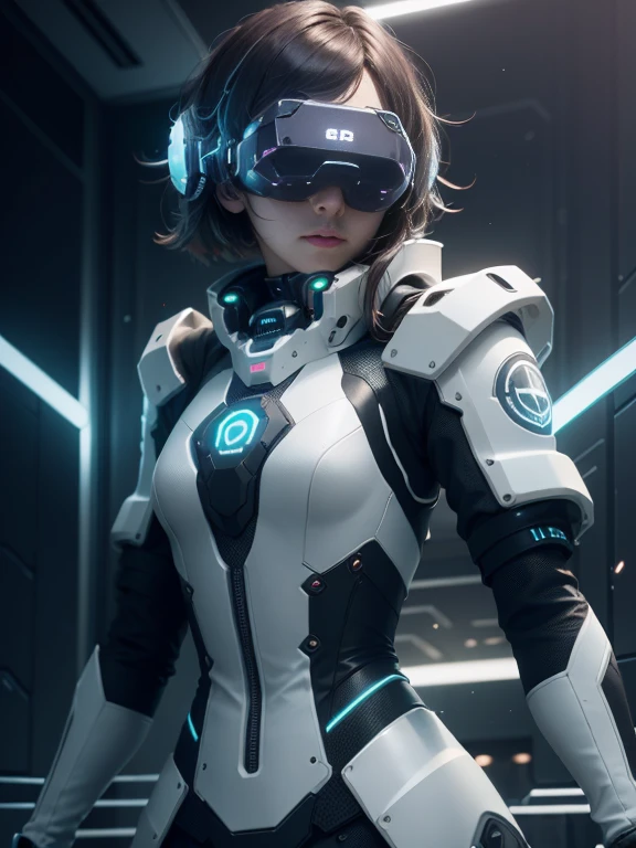 ((highest quality)), ((masterpiece)), (very detailed:1.3), 3D, beautiful (cyber punk:1.3) Female Hacker, mohican hairstyle, Back to Viewer, dark hair, operating computer terminals, (head mounted display):1.5, computer server, LCD Screen, fiber optic cable, company logo, HDR (high dynamic range), ray tracing, NVIDIA RTX, super resolution, unreal 5, Scattered beneath the surface, PBR texture, Post-processing, anisotropic filtering, Depth of bounds written, maximum sharpness and sharpness, multilayer texture, Albedo map and highlight map, surface shading, Accurate simulation of light-matter interactions, perfect ratio, octane rendering, duotone lighting, Low ISO, White balance, Rule of thirds, wide aperture, 8K students, efficient subpixel, subpixel convolution, luminescent particles, dynamic pose
