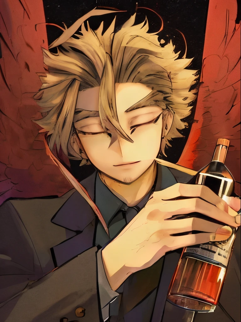 Hawks bnha, wine bottle, red wine, glass, elegant pose, beautifully detailed wings, confident expression, vibrant colors, portrait style, soft lighting, high resolution, photorealistic, rich textures, black suit, feathers, stylish background.