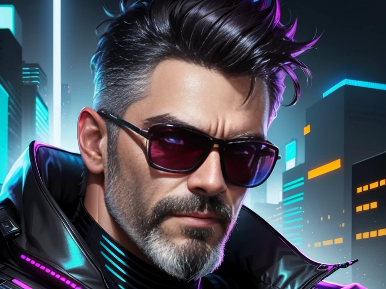 A stunning trendy themed gradient cyberpunk portrait of a man wearing sunglasses, short dark hair, grey beard, particularly rich in color detail, very detailed, cool tones, no watermark signature, transcendent stylized twitch streamers filling the entire picture.