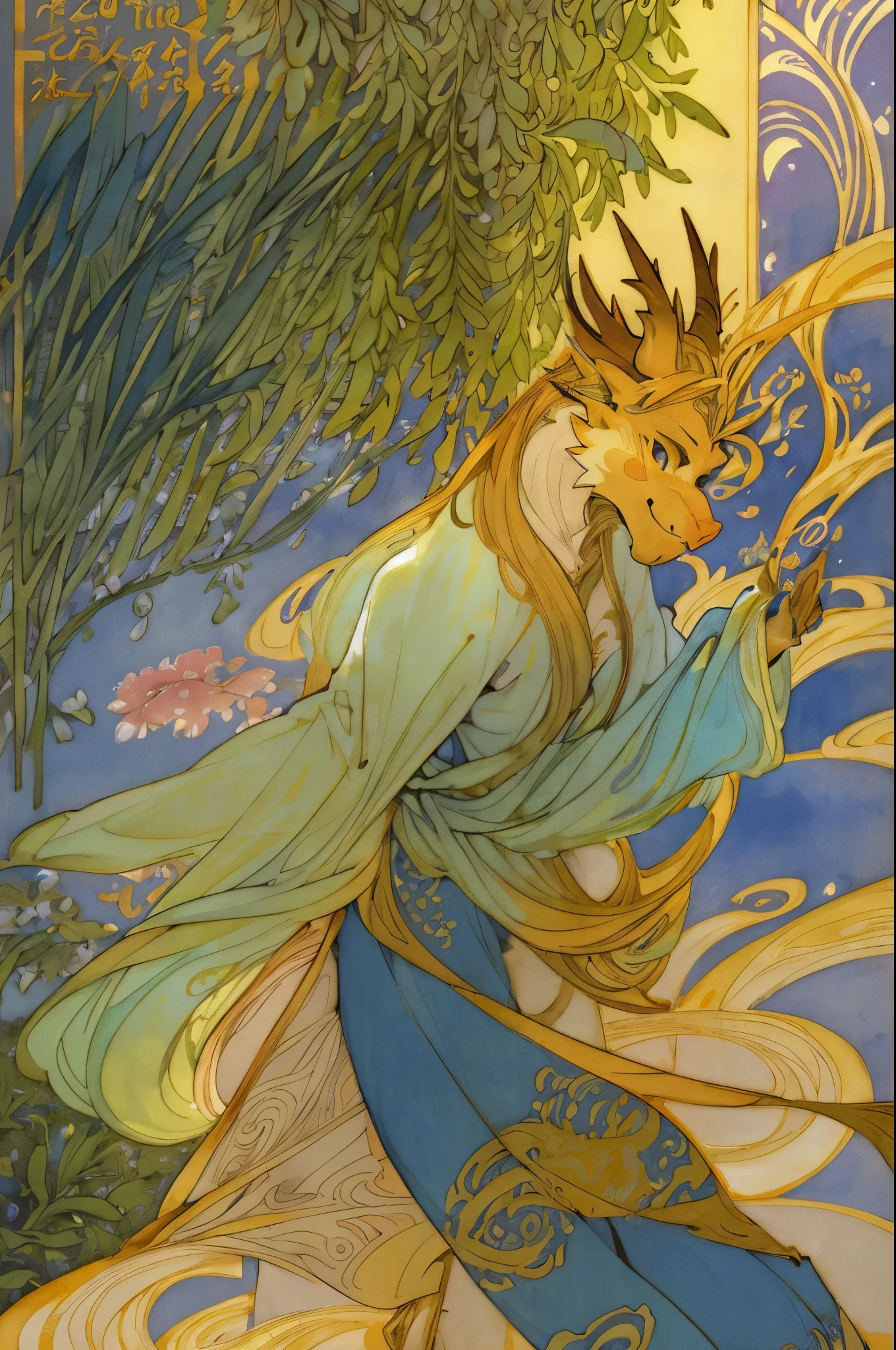 cover page, highres, top quality, best quality, paid reward available, unparalleled masterpiece, perfect artwork, absurdres, High-quality illustrations by Alphonse Mucha, art nouveau, Delicate and elegant linework, flowing hair, Flowing Dresses, Curvilinear lines, Decoration with plant motifs, Geometric decoration, Poetic atmosphere, Rich colors, Dreamy, mystical, Tarot Card(In the forest where the stream flows, Backlighting)perfect anatomy(Furry, Solo focus, Dress, Long Globe)(furry anthro:1.7)((furry body, Facial features of dragon, Features of the doragon's body)))All over body, Archaic Smile (portrait),