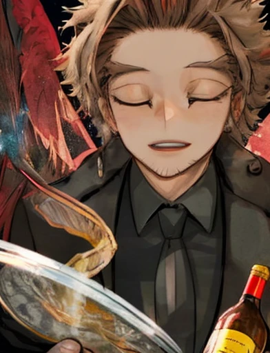 Hawks bnha, wine bottle, red wine, glass, elegant pose, beautifully detailed wings, confident expression, vibrant colors, portrait style, soft lighting, high resolution, photorealistic, rich textures, black suit, feathers, stylish background.