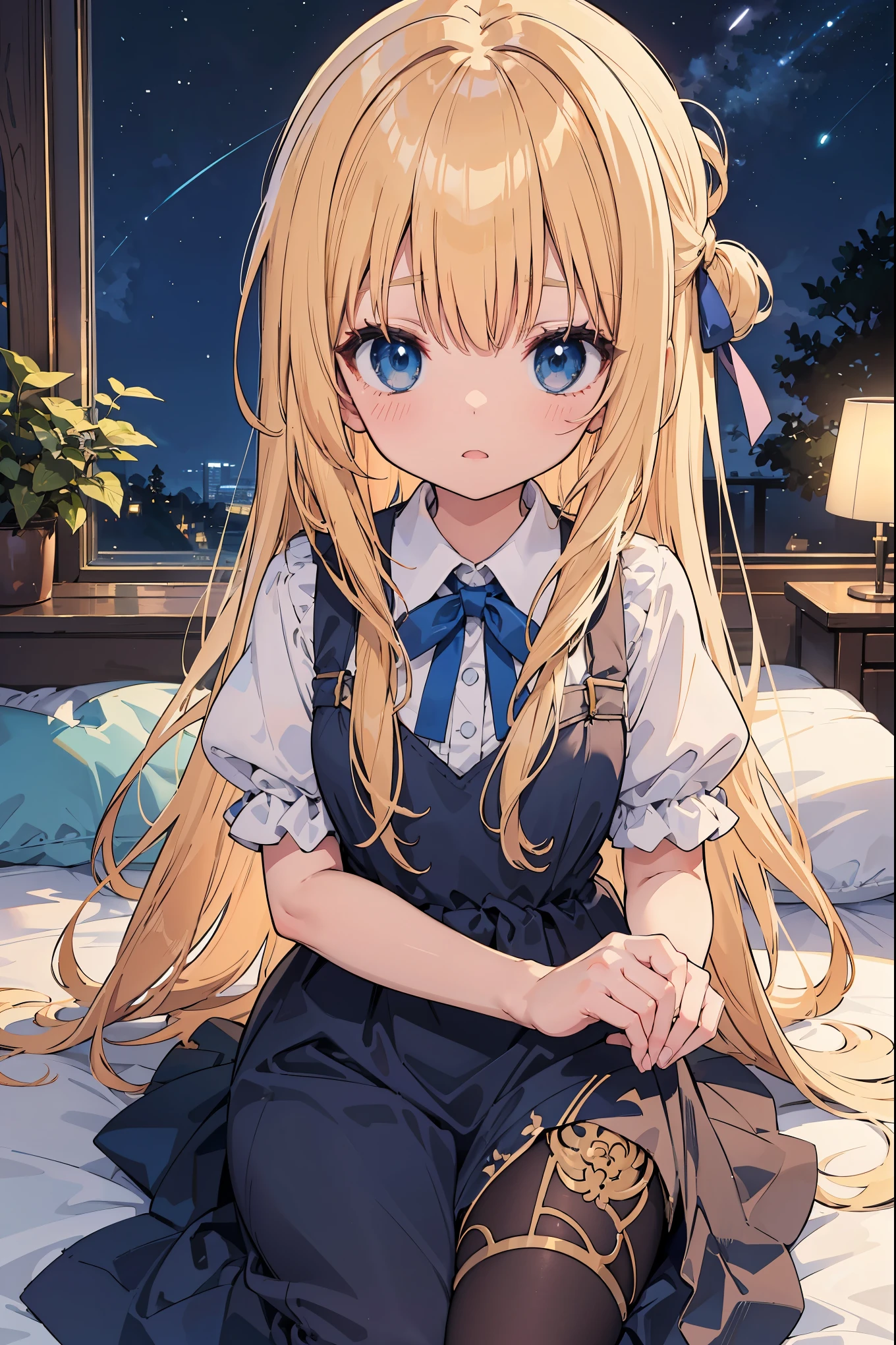 Highly detailed CG integrated 8k wallpaper、very fine 8KCG wallpaper、absurd、、highest quality、super detailed、beautiful face、Anime girl sitting on bed in blue dress and white shirt, splash art anime , long hair blonde anime girl, anime style like fate, Anime visuals of cute girls, Cute anime wife in a nice dress, in a dress, anime best girl, Small curves , anime moe art style、The stars are full of twinkles