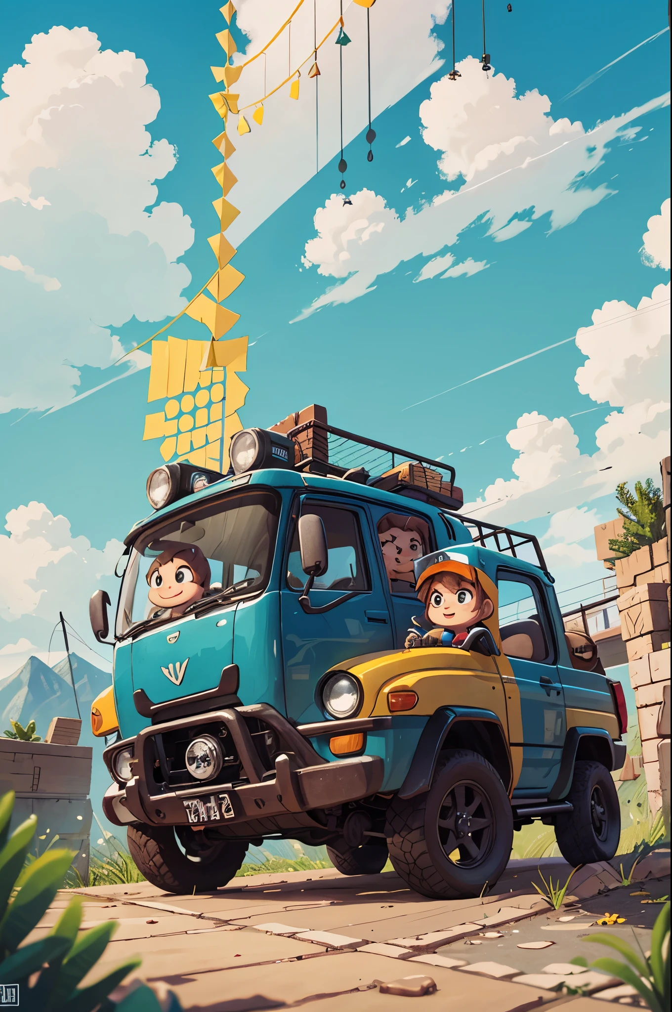 Poster, background blue sky white cloud Pixar style, 3D, an orange cute metal texture minecart flying in the air, cute children driving minecarts, cartoons cute, a lot of details, front and rear space sense is obvious, the picture should have impact