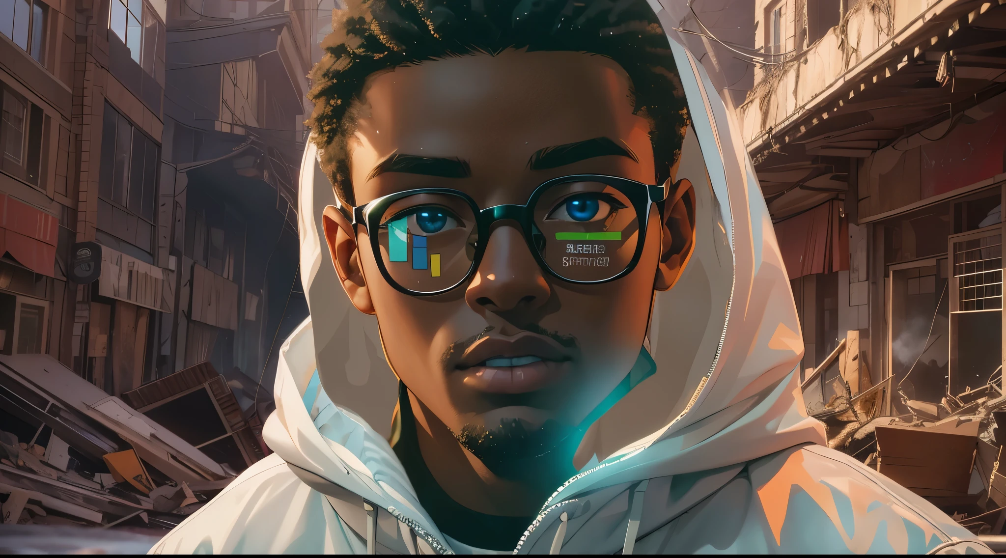 Capture the explosive moment as a young, dark-skinned man wearing glasses, dressed in a crisp white windbreaker hoodie, talks to the hologram projected on his glasses. This RAW masterpiece showcases an ultra-high resolution, photorealistic full-body portrait, illuminated by the warm glow of sunlight. The scene is rendered in the captivating style of mecha sci-fi anime, boasting an impressive 8K resolution for the best quality imagery. Crafted with Unreal Engine 1.4, this piece features ultra-realistic 64K CG, skin texture at 1.4, and volumetric fog to add depth and atmosphere. The details are further enhanced with 8K UHD, DSLR quality, film grain, and the artistic touch of lomography. The result is a stunning blend of high-quality visuals, translucent effects, and photorealism that truly captivates the viewer.
