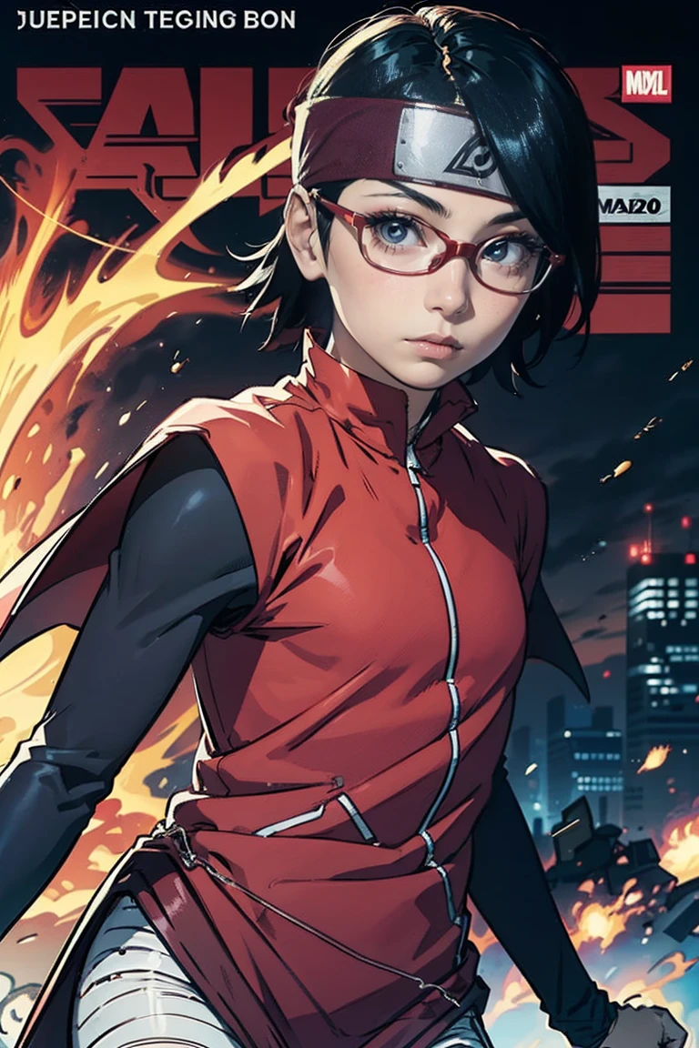(Sarada Uchiha,May, estilo de capa de quadrinhos)，Comic book cover title,land of superheroes,CIDADE, Action,lutar,(((Sarada Uchiha,cabelo curto,olhos pretos))),explosions,roxo,Raio,wearing prescription glasses,laranja,Vermelho,rosa,tatical clothes,Pequeno,((cabelo curto,lutaring,superhero outfit,confident expression))