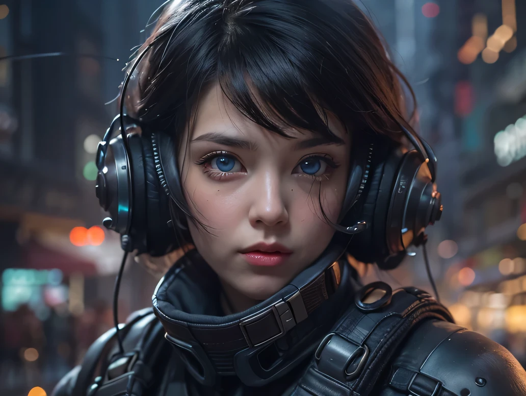 cyberpunk world war 3, cinematic composition, Fantasy digital painting by Greg Rutkowski and James Gurney, Trending with ArtStation, very detailed, hyperrealistic, realistic, photorealistic, dynamic lighting, very detailed, cinematic landscape, Studio Landscape, studio lighting, 1 Young pretty girl, ((idol face)), (perfect eyes:1.4), (beautiful and fine eyes:1.7), medium curly black hair, combat uniform,