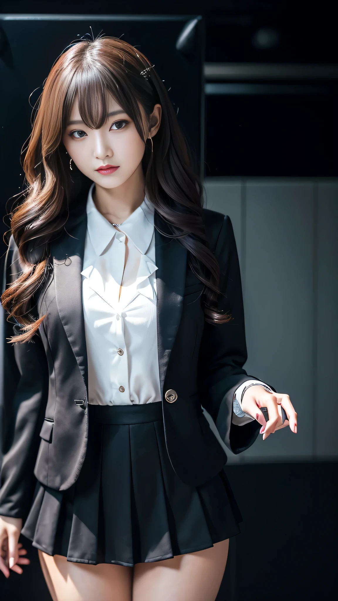 Super detailed、Japanese、charming beauty、Dainty woman、sharp eyes、cool girl、wavy hair、suit、Black chiffon、lacy fabric、wide sleeve、Jacket、white blouse、flare skirt、pantyhose、Shiny legs、evilの幹部、evil depravity、brainwashing、Mind control、lipstick、have lip gloss、grin、邪evilなな表情、evil、empty eyes、邪evilな、in the black room、seductive pose