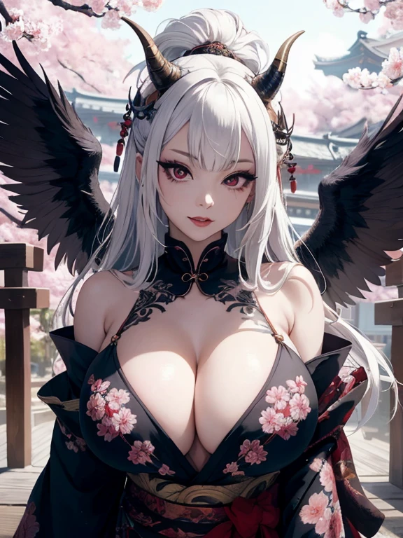 Highly detailed CG Unity 8K UHD quality resolution wallpaper, award-winning portraits, official art, perfect masterpiece, highest quality, highest resolution, the most beautiful demon goddess, cowboy shot from below, Highly detailed Harajuku style hooded open kimono, demon horn, black angel wings, bold colors and patterns, Trendy and innovative platinum white mohawk hairstyle, bright makeup, super huge huge , showing cleavage, Huge breasts protruding from the kimono, lots of tattoos and piercings, Detailed feudal japanese dazzling feudal japanese bedroom, cherry blossoms blowing in the wind, Vivid color scheme, insane details, beautiful detailed face, blush, sexy seductive slutty look, looking at the viewer, Close up pov camera view from below, Slutty cheeky seductive sexy dynamic pose, intricate details, Super detailed.