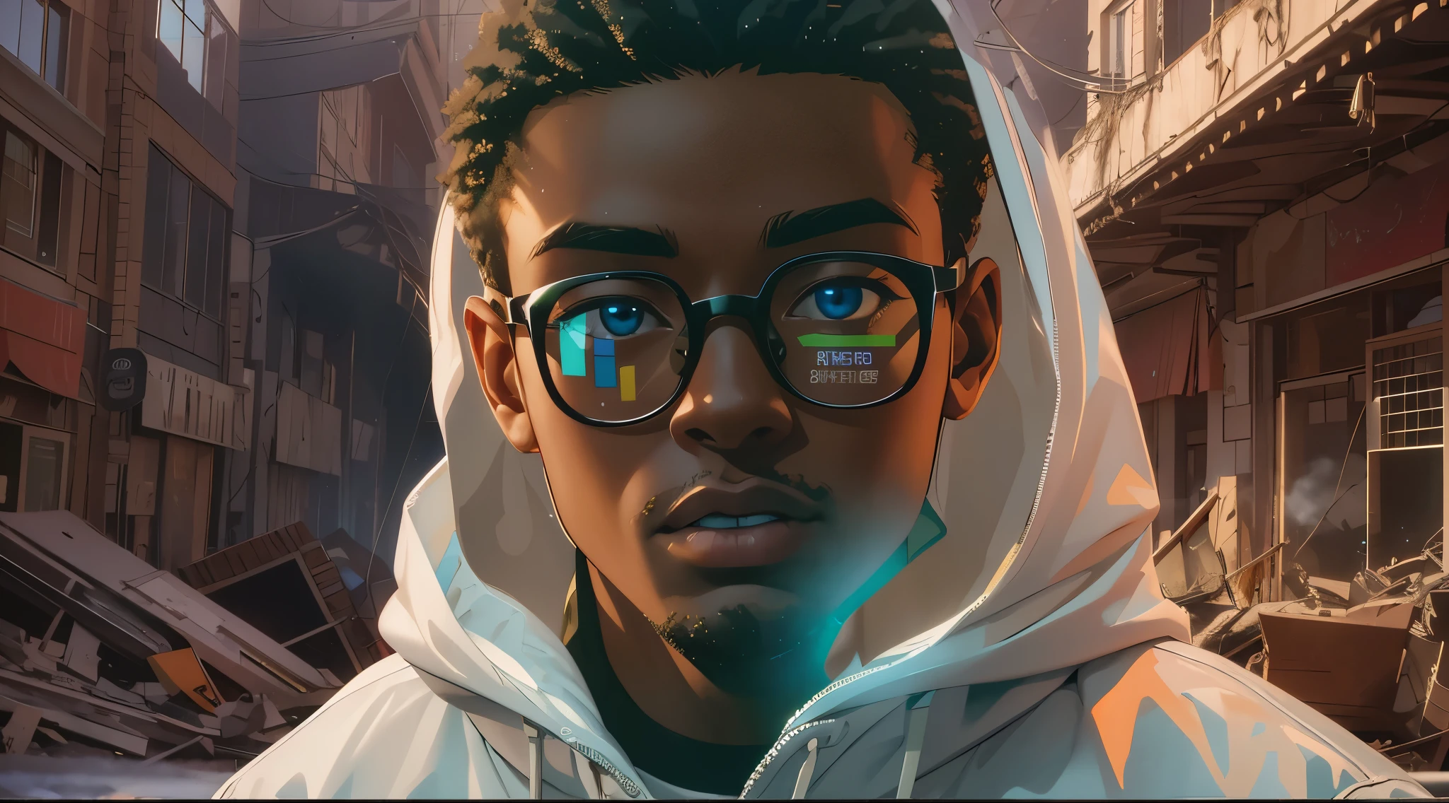 Capture the explosive moment as a young, dark-skinned man wearing glasses, dressed in a crisp white windbreaker hoodie, talks to the hologram projected on his glasses. This RAW masterpiece showcases an ultra-high resolution, photorealistic full-body portrait, illuminated by the warm glow of sunlight. The scene is rendered in the captivating style of mecha sci-fi anime, boasting an impressive 8K resolution for the best quality imagery. Crafted with Unreal Engine 1.4, this piece features ultra-realistic 64K CG, skin texture at 1.4, and volumetric fog to add depth and atmosphere. The details are further enhanced with 8K UHD, DSLR quality, film grain, and the artistic touch of lomography. The result is a stunning blend of high-quality visuals, translucent effects, and photorealism that truly captivates the viewer.