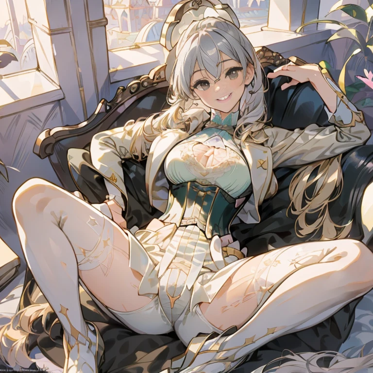 Realistic, (masterpiece:1.4, best quality), (intricate details), unity 8k wallpaper, ultra detailed, (pastel colors:1.3), (lace) underwear and corset, beautiful and aesthetic, a girl, detailed, solo, Victorian mansion,ute girl, 22 years old, (silver medium bob hair), beautiful detailed brown eyes, medium breasts, sitting on a rock, (happy smile:1.2),masterpiece, best quality,perfect face,lying on the ground,uncensored, spread legs, beautiful realspreadpussy,from front,