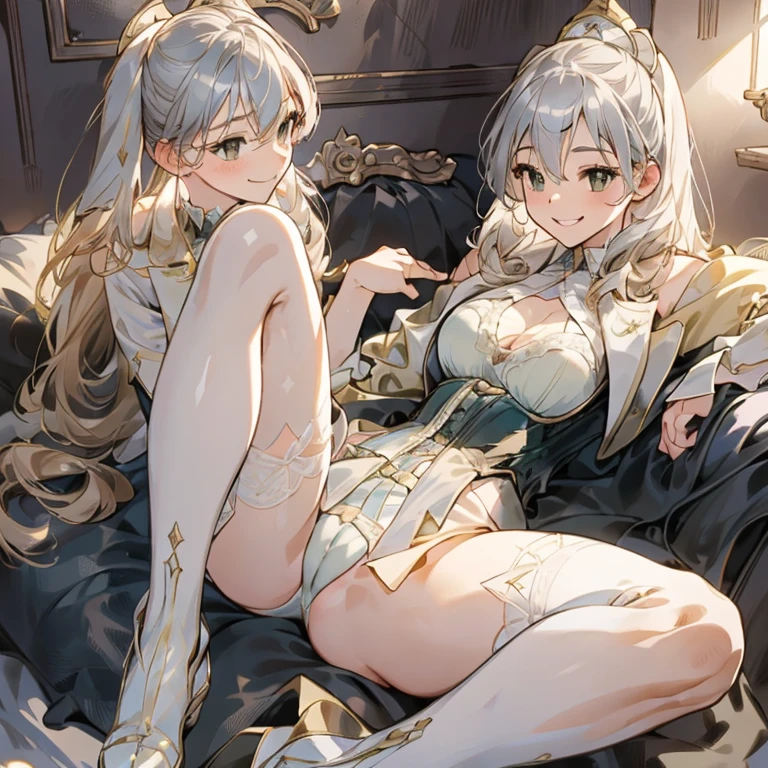 Realistic, (masterpiece:1.4, best quality), (intricate details), unity 8k wallpaper, ultra detailed, (pastel colors:1.3), (lace) ????????? and corset, beautiful and aesthetic, a girl, detailed, solo, Victorian mansion,ute girl, 22 years old, (silver medium bob hair), beautiful detailed brown eyes, ??????????????, sitting on a rock, (happy smile:1.2),masterpiece, best quality,perfect face,lying on the ground,uncensored, ???????????, beautiful realspreadpussy,from front,
