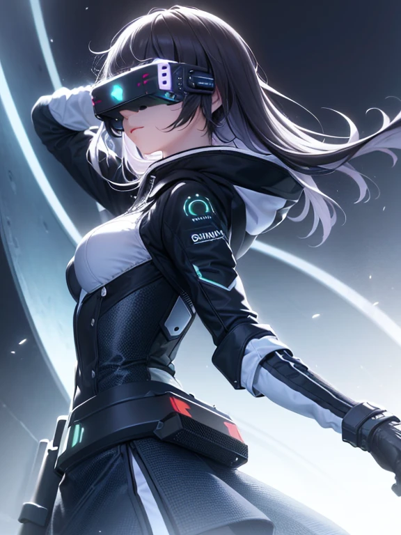 ((highest quality)), ((masterpiece)), (very detailed:1.3), 3D, beautiful (cyber punk:1.3) Female Hacker, mohican hairstyle, Back to Viewer, dark hair, operating computer terminals, (head mounted display):1.5, computer server, LCD Screen, fiber optic cable, company logo, HDR (high dynamic range), ray tracing, NVIDIA RTX, super resolution, unreal 5, Scattered beneath the surface, PBR texture, Post-processing, anisotropic filtering, Depth of bounds written, maximum sharpness and sharpness, multilayer texture, Albedo map and highlight map, surface shading, Accurate simulation of light-matter interactions, perfect ratio, octane rendering, duotone lighting, Low ISO, White balance, Rule of thirds, wide aperture, 8K students, efficient subpixel, subpixel convolution, luminescent particles, dynamic pose