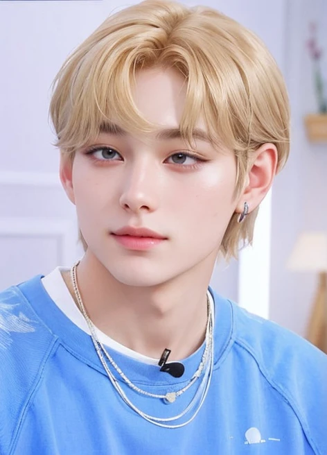 Un primer plano de una persona con un collar en un collar, cai xukun, hyung tae, ironic smile, marca lee, jungkook, pale korean adorable face, young pale angel, yanjun chengt, taken in the early 2020s, taehyung comiendo papas fritas gucci, inspirado en Bian Shoumin, todos del grupo nct, Jung Jaehyun, taehyung bts, taehyung from bts, kpop idol, blonde hair taehyung, kpop bts