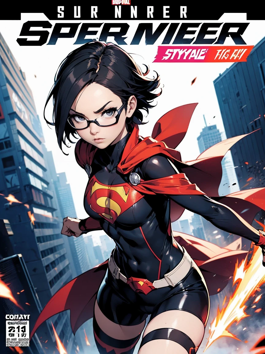 Sarada Uchiha,bodysuit, Estilo de capa de quadrinhos,Comic book cover title,super hero land,city, action,fight