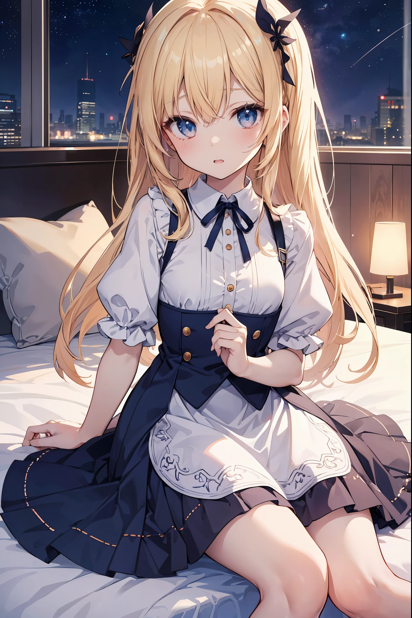 Highly detailed CG integrated 8k wallpaper、very fine 8KCG wallpaper、absurd、、highest quality、super detailed、beautiful face、Anime girl sitting on bed in blue dress and white shirt, splash art anime , long hair blonde anime girl, anime style like fate, Anime visuals of cute girls, Cute anime wife in a nice dress, in a dress, anime best girl, Small curves , anime moe art style、The stars are full of twinkles