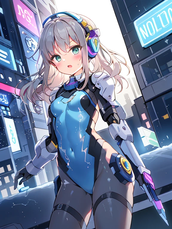 ((masterpiece:1.4、highest quality))+、(super detailed)+、
1 girl、cyberpunk city、flat chest、headphone、wavy hair、mecha clothes、(robot girl)、Cool move、Silver Bodysuit、colorful background、Wet day、(lightning effect)、Silver Dragon Armor、(cold face)、cowboy shot、pretty girl