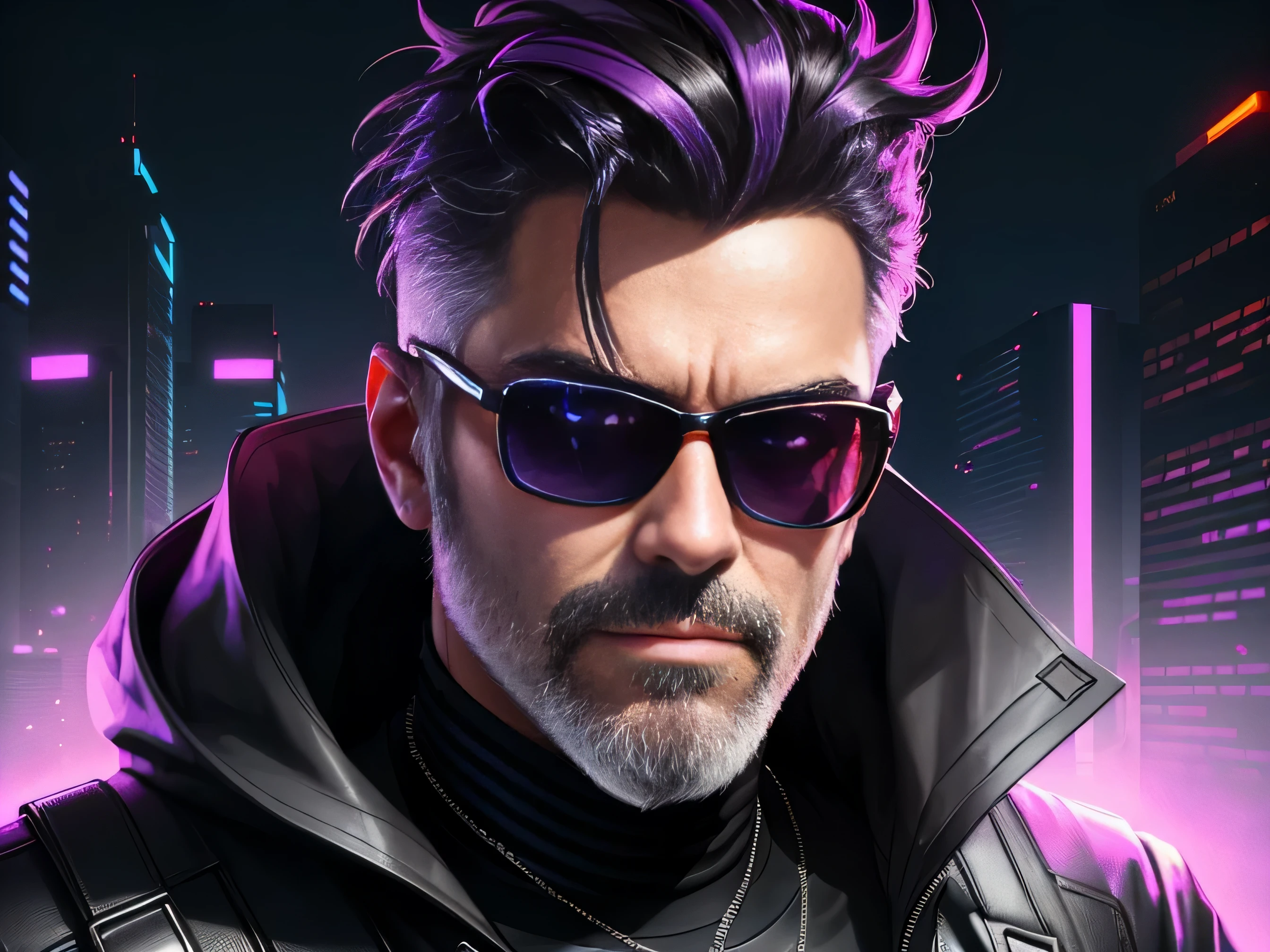 A stunning trendy themed gradient cyberpunk portrait of a man wearing sunglasses, short dark hair, grey beard, particularly rich in color detail, very detailed, cool tones, no watermark signature, transcendent stylized twitch streamers filling the entire picture.