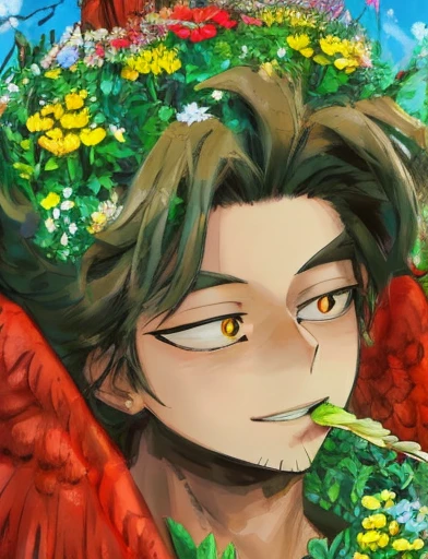 Hawks from Boku no Hero Academia (BNHA) is the subject of the artwork. Hawks is an extremely detailed character with beautiful feathered wings and intense red eyes. He is depicted eating amanita, a type of mushroom known for its vibrant and hallucinogenic properties.

The scene is set in a garden, with lush greenery and blooming flowers creating a vibrant and colorful backdrop. The garden is filled with various types of flora, including tall trees and colorful blossoms. The colors of the flowers are vivid, with a mix of warm tones like red, orange, and yellow.

The art is created using a mixture of traditional and digital mediums, combining the elegance of oil painting with the precision of 3D rendering. The level of detail is of the highest quality, with every individual feather on Hawks' wings meticulously textured and rendered. The painting has a realistic and photorealistic style, capturing the essence of Hawks' appearance in the most accurate way possible.

The lighting in the scene is soft and warm, with a gentle glow that highlights the details of Hawks' feathers and brings out the rich colors of the garden. The artwork is of the best quality, with a resolution of 4k or 8k, and an ultra-detailed representation of every aspect.

Overall, the prompt generates an exquisite masterpiece featuring Hawks from BNHA, enjoying a meal of amanita in a vibrant and colorful garden. The artwork combines traditional and digital mediums to capture every intricate detail of Hawks' appearance, while the lighting adds a warm and inviting atmosphere to the scene.