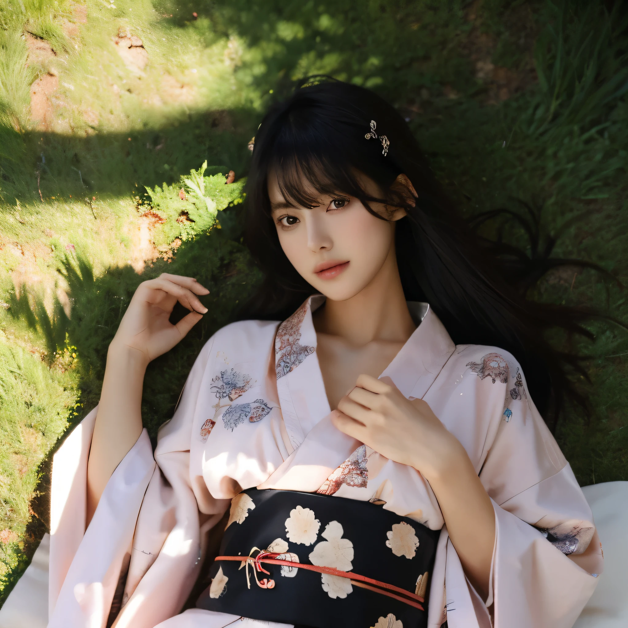 20 year old girl, Slim, black long hair, Hair loose, bangs on the head, Brown eyes, looks straight ahead;,medium breasts, colored kimono, lying on his back on the grass, Head on the grass,Top-down perspective,Beautiful picture,