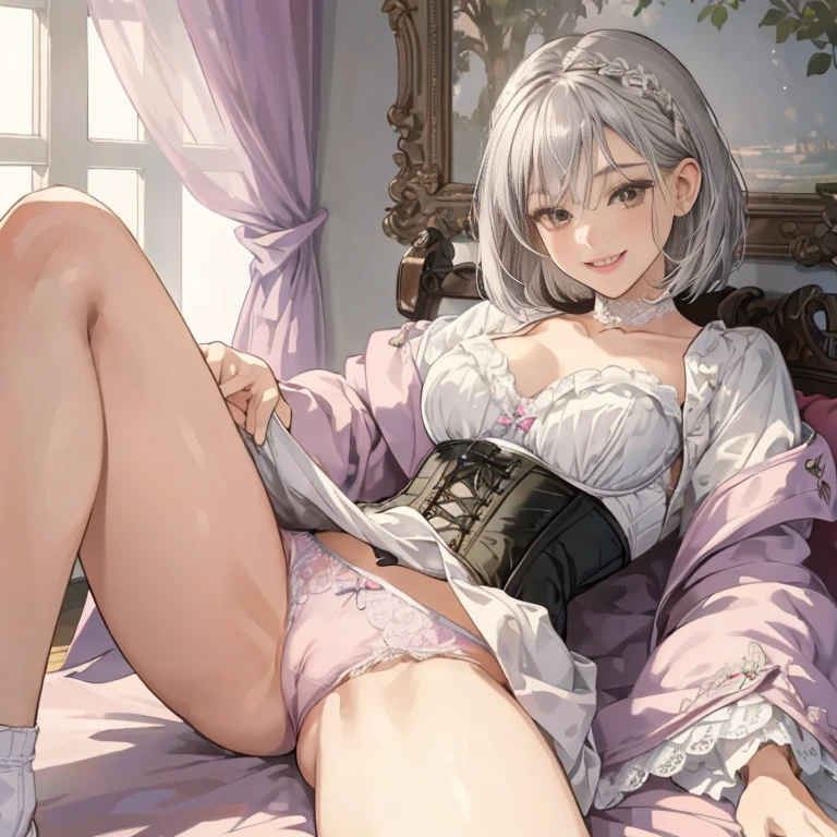Realistic, (masterpiece:1.4, best quality), (intricate details), unity 8k wallpaper, ultra detailed, (pastel colors:1.3), (lace) underwear and corset, beautiful and aesthetic, a girl, detailed, solo, Victorian mansion,ute girl, 22 years old, (silver medium bob hair), beautiful detailed brown eyes, medium breasts, sitting on a rock, (happy smile:1.2),masterpiece, best quality,perfect face,lying on the ground,uncensored, spread legs, beautiful realspreadpussy,from front,