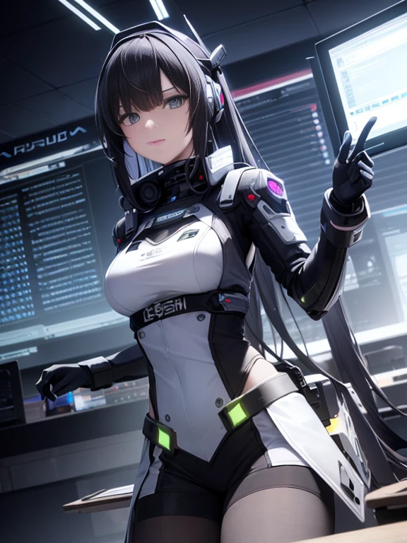 ((highest quality)), ((masterpiece)), (very detailed:1.3), 3D, beautiful (cyber punk:1.3) Female Hacker, mohican hairstyle, Back to Viewer, dark hair, operating computer terminals, (head mounted display):1.5, fullbody shot,computer server, LCD Screen, fiber optic cable, company logo, HDR (high dynamic range), ray tracing, NVIDIA RTX, super resolution, unreal 5, Scattered beneath the surface, PBR texture, Post-processing, anisotropic filtering, Depth of bounds written, maximum sharpness and sharpness, multilayer texture, Albedo map and highlight map, surface shading, Accurate simulation of light-matter interactions, perfect ratio, octane rendering, duotone lighting, Low ISO, White balance, Rule of thirds, wide aperture, 8K students, efficient subpixel, subpixel convolution, luminescent particles, dynamic pose