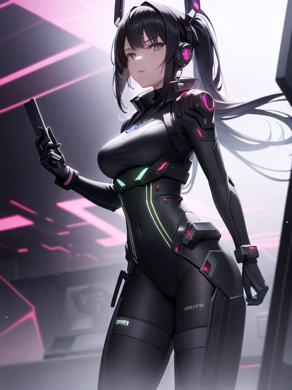 ((highest quality)), ((masterpiece)), (very detailed:1.3), 3D, beautiful (cyber punk:1.3) Female Hacker, mohican hairstyle, Back to Viewer, dark hair, operating computer terminals, (head mounted display):1.5, fullbody shot,computer server, LCD Screen, fiber optic cable, company logo, HDR (high dynamic range), ray tracing, NVIDIA RTX, super resolution, unreal 5, Scattered beneath the surface, PBR texture, Post-processing, anisotropic filtering, Depth of bounds written, maximum sharpness and sharpness, multilayer texture, Albedo map and highlight map, surface shading, Accurate simulation of light-matter interactions, perfect ratio, octane rendering, duotone lighting, Low ISO, White balance, Rule of thirds, wide aperture, 8K students, efficient subpixel, subpixel convolution, luminescent particles, dynamic pose