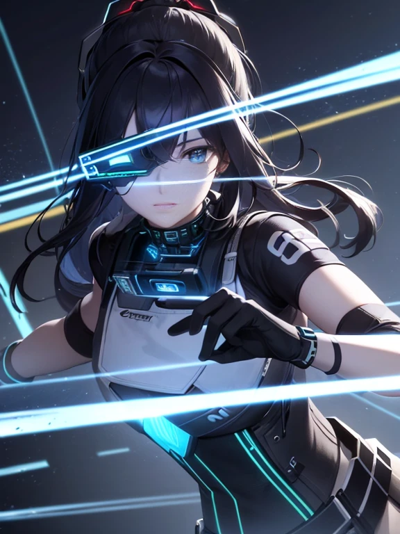 ((highest quality)), ((masterpiece)), (very detailed:1.3), 3D, beautiful (cyber punk:1.3) Female Hacker, mohican hairstyle, Back to Viewer, dark hair, operating computer terminals, (head mounted display):1.5, fullbody shot,computer server, LCD Screen, fiber optic cable, company logo, HDR (high dynamic range), ray tracing, NVIDIA RTX, super resolution, unreal 5, Scattered beneath the surface, PBR texture, Post-processing, anisotropic filtering, Depth of bounds written, maximum sharpness and sharpness, multilayer texture, Albedo map and highlight map, surface shading, Accurate simulation of light-matter interactions, perfect ratio, octane rendering, duotone lighting, Low ISO, White balance, Rule of thirds, wide aperture, 8K students, efficient subpixel, subpixel convolution, luminescent particles, dynamic pose