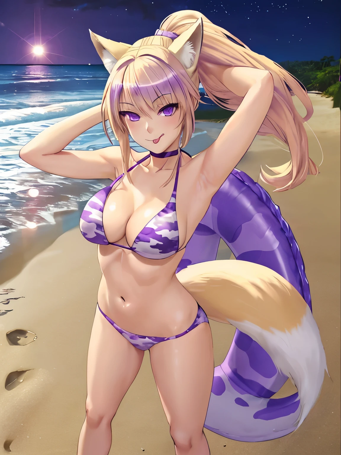 (hyperrealistic), a fox girl with a white fox tail, Sarah Fox, blonde with ponytail, detailed purple eyes, winks, happy, sticks tongue out, arms behind head, purple camouflage bikini, trained body, medium breasts, standing at the beach, at night