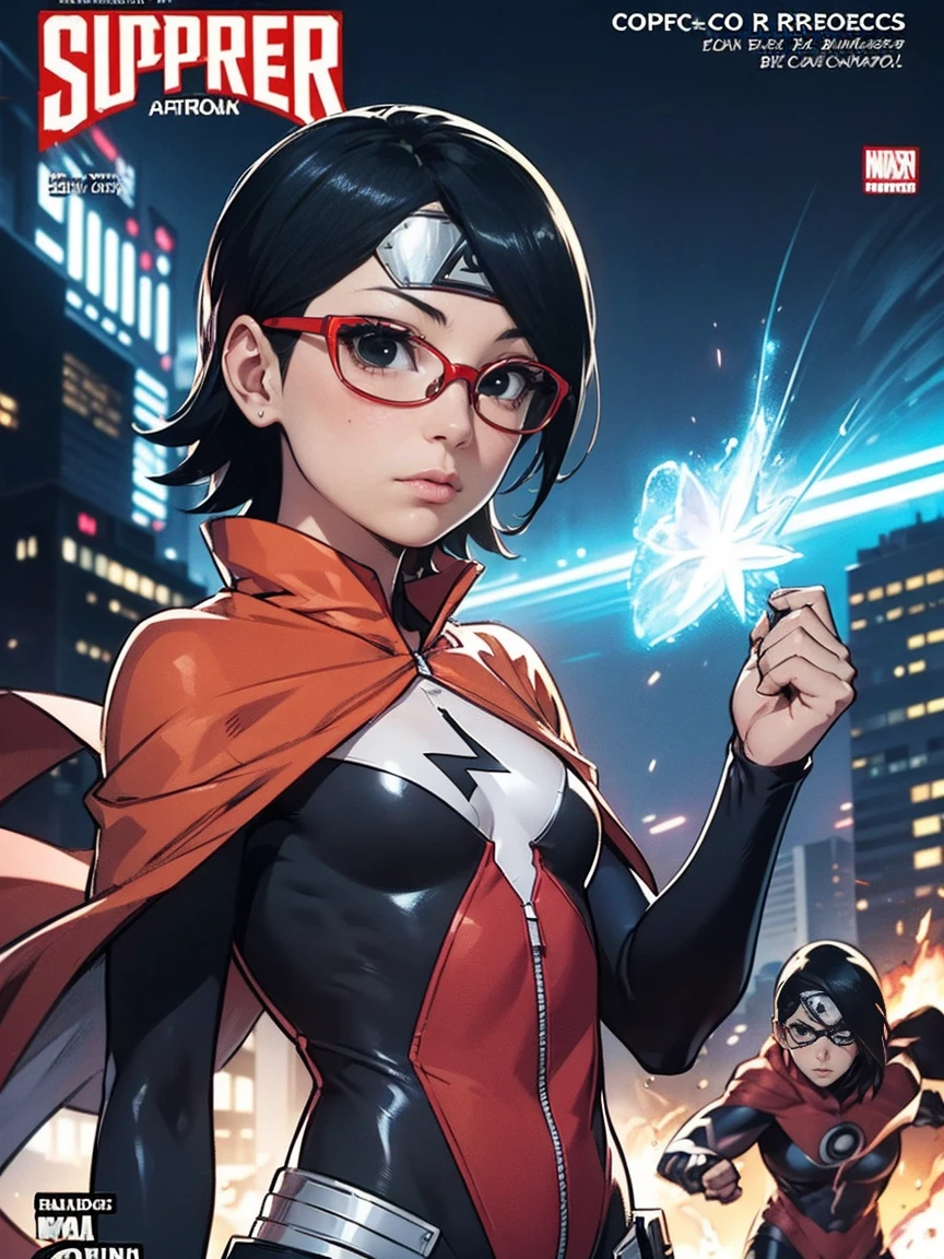 (Sarada Uchiha,bodysuit, Estilo de capa de quadrinhos)，Comic book cover title,super hero land,city, action,fight,(((Comic book cover style,Sarada Uchiha,short hair,black eyes))),explosions,purple,lightning,wearing prescription glasses,orange,red,pink,tactical clothing,small,((short hair,fighting,superhero outfit,confidentexpression))