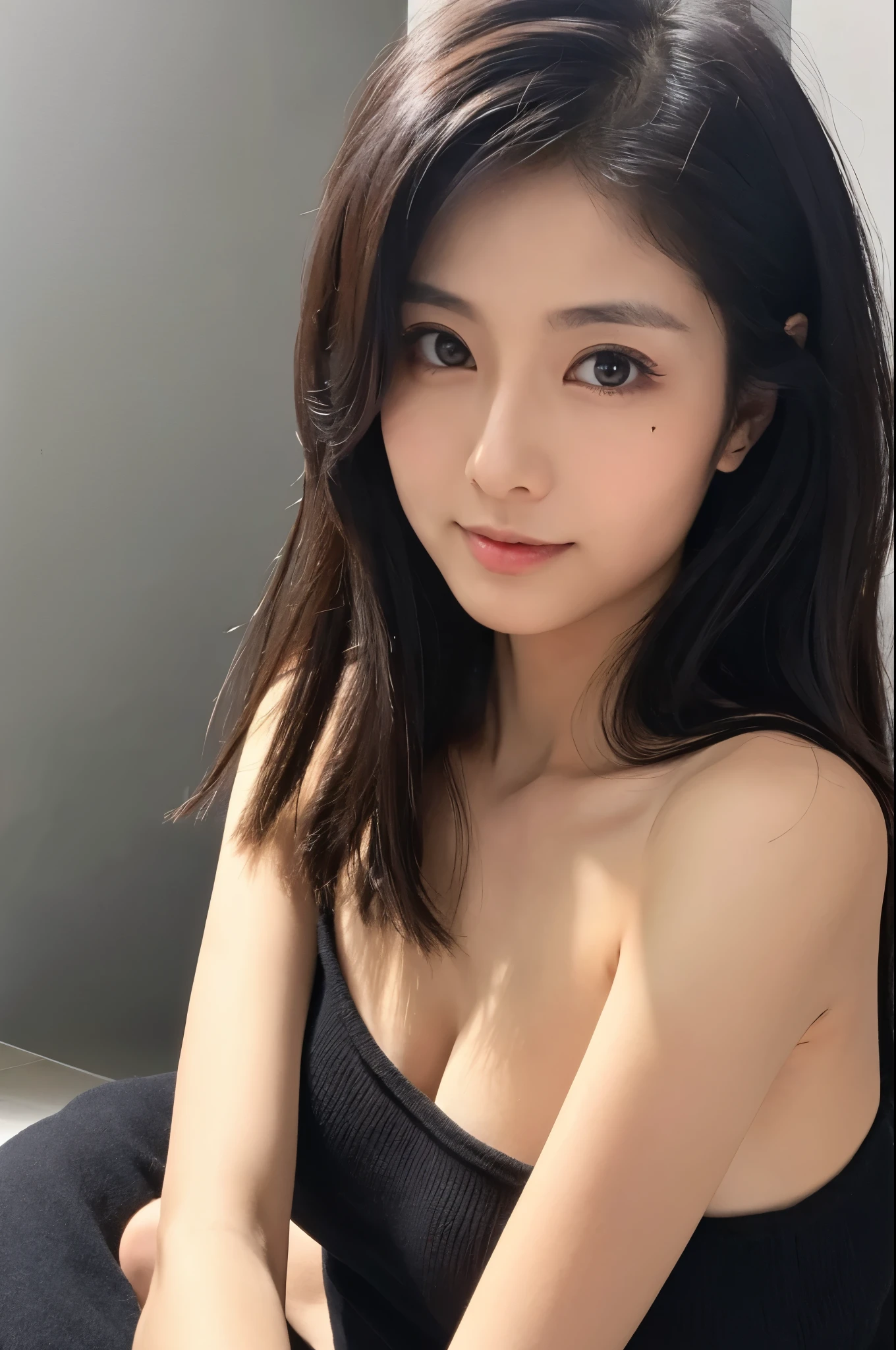 A Japanese lady, skinny figure, small breasts, extremely thin waist, beautiful face, beautiful eyes, natural make up, black long hair, wearing a casual dress, looking longingly at a viewer, 1girl in, solo, detailed face and eyes, detailed fingers and arms. Full body photo. Realistic, Photorealistic.