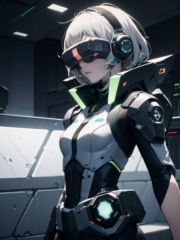 ((highest quality)), ((masterpiece)), (very detailed:1.3), 3D, beautiful (cyber punk:1.3) Female Hacker, mohican hairstyle, Back to Viewer, dark hair, operating computer terminals, (head mounted display):1.5, computer server, LCD Screen, fiber optic cable, company logo, HDR (high dynamic range), ray tracing, NVIDIA RTX, super resolution, unreal 5, Scattered beneath the surface, PBR texture, Post-processing, anisotropic filtering, Depth of bounds written, maximum sharpness and sharpness, multilayer texture, Albedo map and highlight map, surface shading, Accurate simulation of light-matter interactions, perfect ratio, octane rendering, duotone lighting, Low ISO, White balance, Rule of thirds, wide aperture, 8K students, efficient subpixel, subpixel convolution, luminescent particles, dynamic pose