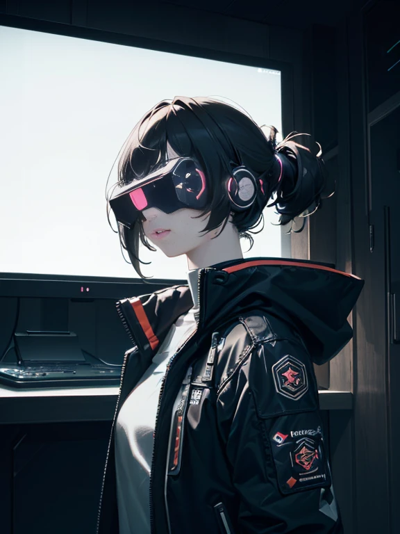 ((highest quality)), ((masterpiece)), (very detailed:1.3), 3D, beautiful (cyber punk:1.3) Female Hacker, mohican hairstyle, Back to Viewer, dark hair, operating computer terminals, (head mounted display):1.5, computer server, LCD Screen, fiber optic cable, company logo, HDR (high dynamic range), ray tracing, NVIDIA RTX, super resolution, unreal 5, Scattered beneath the surface, PBR texture, Post-processing, anisotropic filtering, Depth of bounds written, maximum sharpness and sharpness, multilayer texture, Albedo map and highlight map, surface shading, Accurate simulation of light-matter interactions, perfect ratio, octane rendering, duotone lighting, Low ISO, White balance, Rule of thirds, wide aperture, 8K students, efficient subpixel, subpixel convolution, luminescent particles, dynamic pose