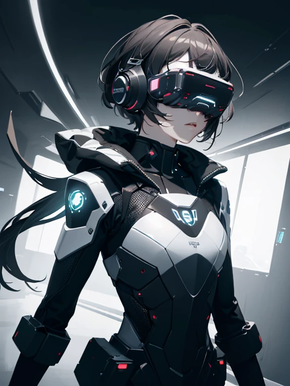 ((highest quality)), ((masterpiece)), (very detailed:1.3), 3D, beautiful (cyber punk:1.3) Female Hacker, mohican hairstyle, Back to Viewer, dark hair, operating computer terminals, (head mounted display):1.5, computer server, LCD Screen, fiber optic cable, company logo, HDR (high dynamic range), ray tracing, NVIDIA RTX, super resolution, unreal 5, Scattered beneath the surface, PBR texture, Post-processing, anisotropic filtering, Depth of bounds written, maximum sharpness and sharpness, multilayer texture, Albedo map and highlight map, surface shading, Accurate simulation of light-matter interactions, perfect ratio, octane rendering, duotone lighting, Low ISO, White balance, Rule of thirds, wide aperture, 8K students, efficient subpixel, subpixel convolution, luminescent particles, dynamic pose